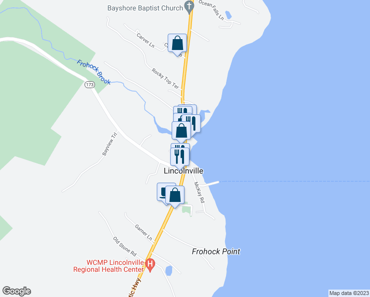 map of restaurants, bars, coffee shops, grocery stores, and more near 2520 Atlantic Highway in Lincolnville
