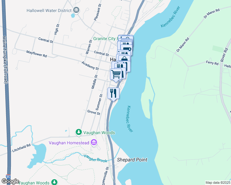 map of restaurants, bars, coffee shops, grocery stores, and more near Water Street in Hallowell
