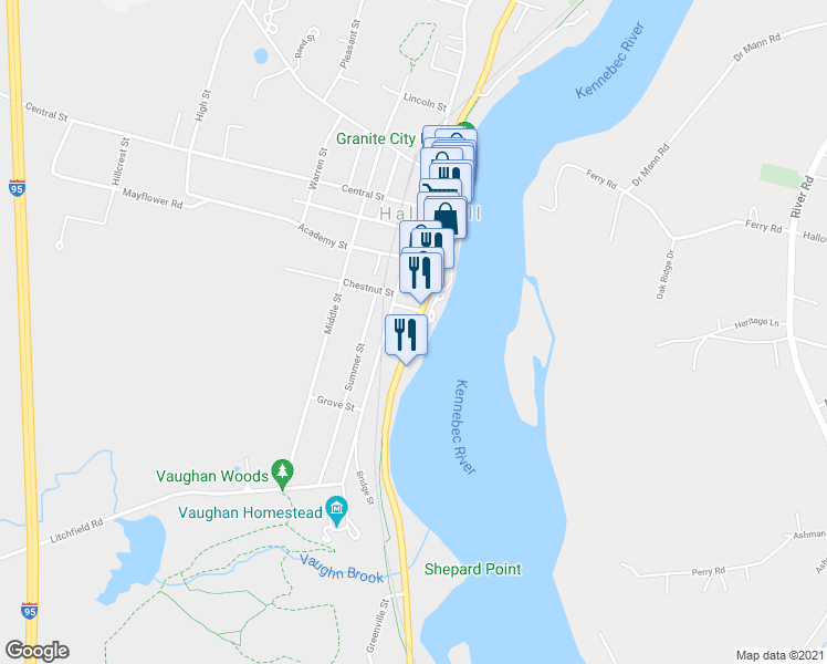 map of restaurants, bars, coffee shops, grocery stores, and more near 230 Water Street in Hallowell
