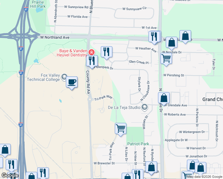 map of restaurants, bars, coffee shops, grocery stores, and more near 15 Tri-Park Way in Appleton