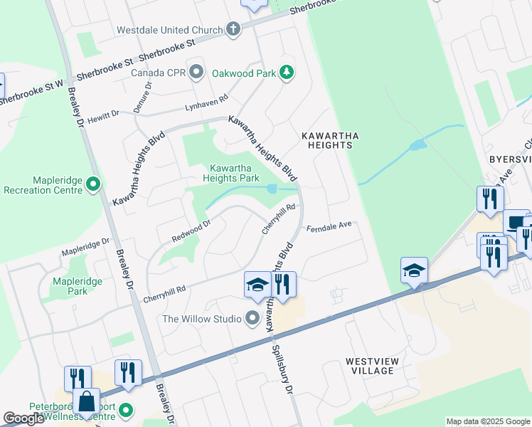 map of restaurants, bars, coffee shops, grocery stores, and more near 1542 Redwood Drive in Peterborough