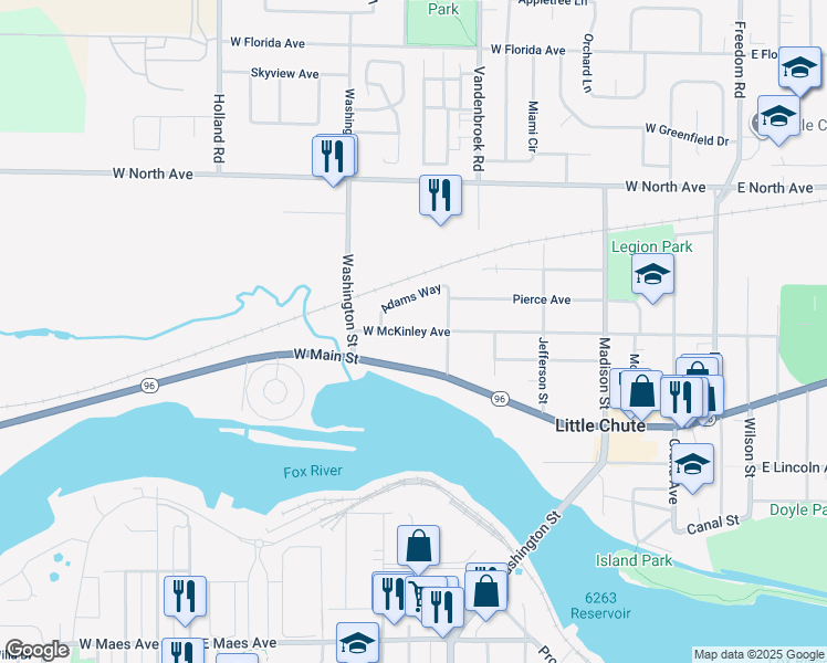 map of restaurants, bars, coffee shops, grocery stores, and more near 902 West McKinley Avenue in Little Chute