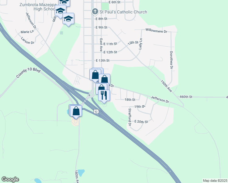 map of restaurants, bars, coffee shops, grocery stores, and more near 28 Jefferson Drive in Zumbrota