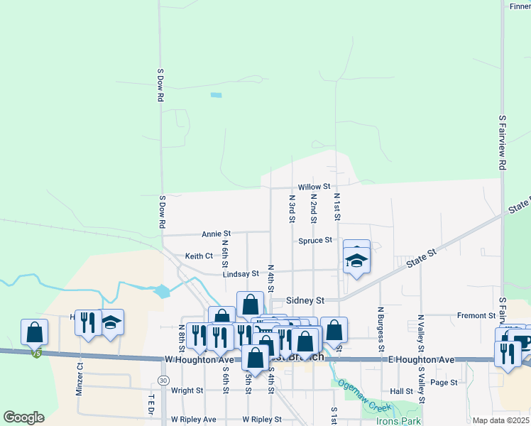 map of restaurants, bars, coffee shops, grocery stores, and more near 419 North 4th Street in West Branch