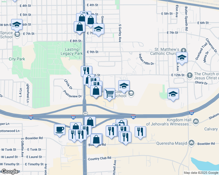 map of restaurants, bars, coffee shops, grocery stores, and more near 900 East 12th Street in Gillette