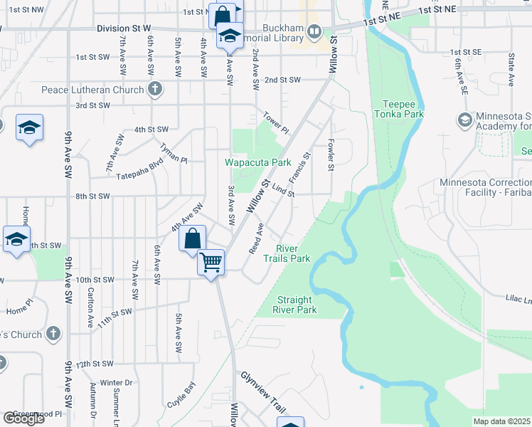 map of restaurants, bars, coffee shops, grocery stores, and more near 808 Francis Street in Faribault