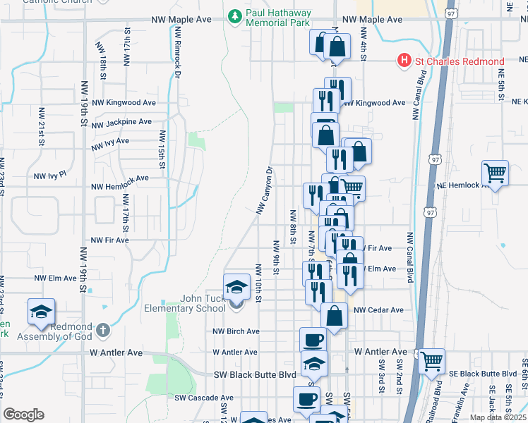 map of restaurants, bars, coffee shops, grocery stores, and more near 765 Northwest 9th Street in Redmond