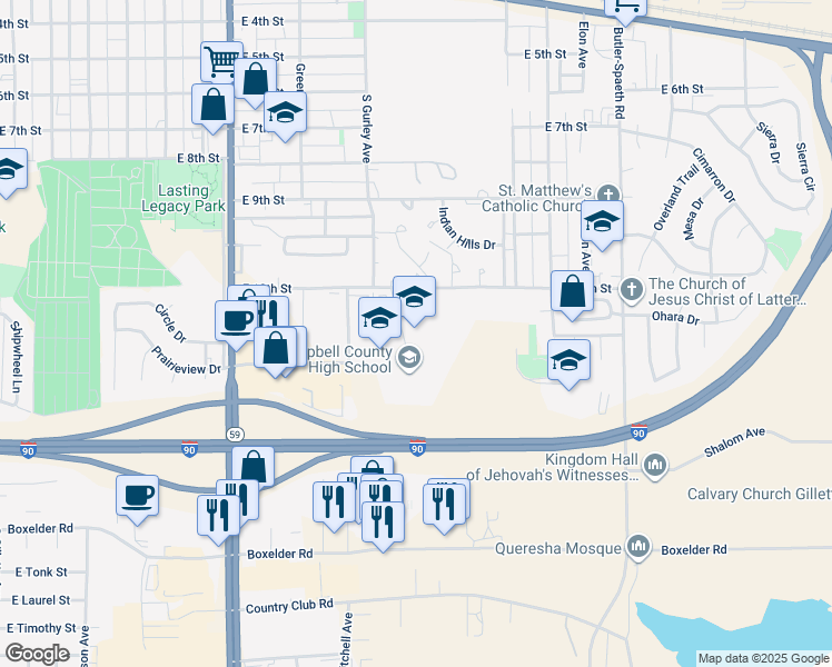 map of restaurants, bars, coffee shops, grocery stores, and more near 1000 Camel Drive in Gillette