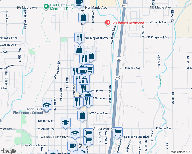 map of restaurants, bars, coffee shops, grocery stores, and more near 330 Northwest Hemlock Court in Redmond