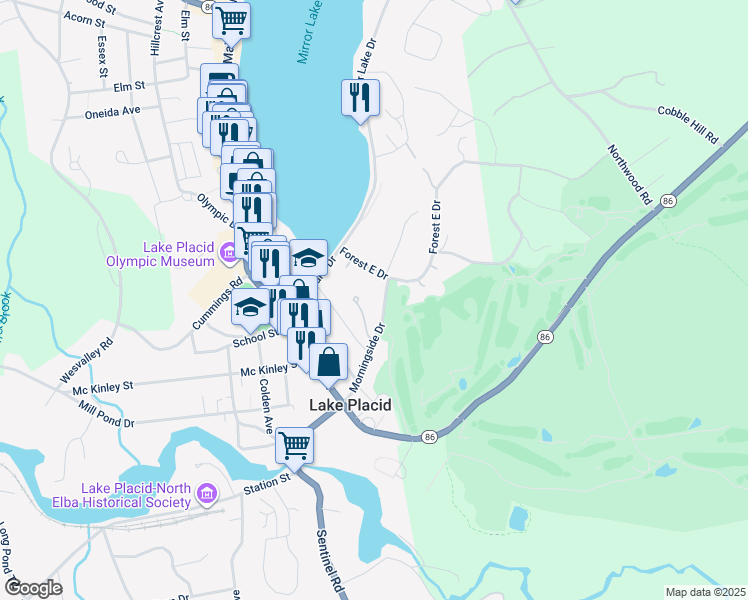 map of restaurants, bars, coffee shops, grocery stores, and more near 101 Morningside Drive in Lake Placid