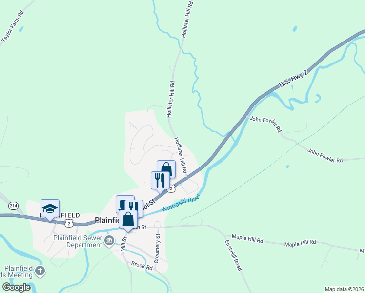 map of restaurants, bars, coffee shops, grocery stores, and more near 134 Hollister Hill Road in Plainfield