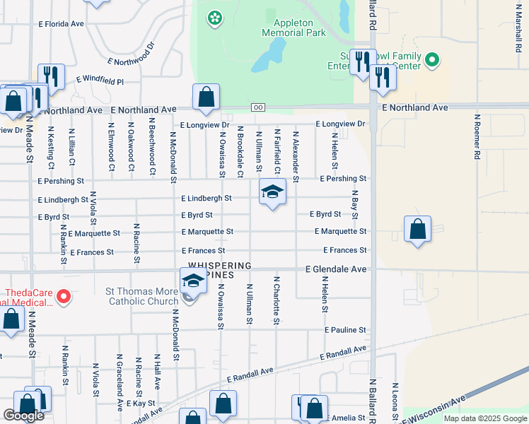 map of restaurants, bars, coffee shops, grocery stores, and more near 2224 North Ullman Street in Appleton