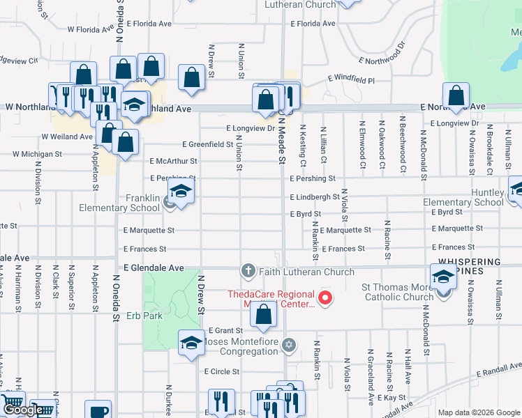 map of restaurants, bars, coffee shops, grocery stores, and more near 713 East Lindbergh Street in Appleton