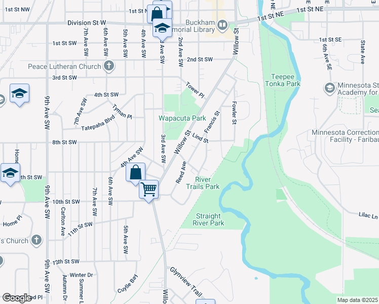 map of restaurants, bars, coffee shops, grocery stores, and more near 802 Francis Street in Faribault