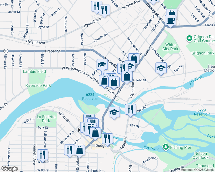 map of restaurants, bars, coffee shops, grocery stores, and more near 172 West Wisconsin Avenue in Kaukauna