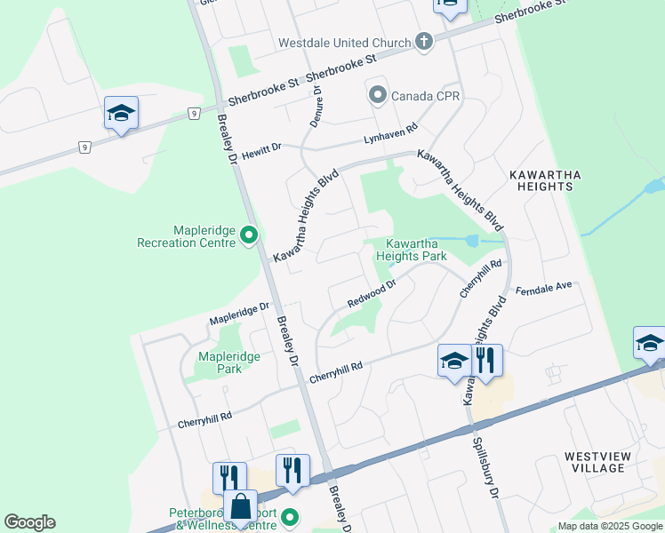 map of restaurants, bars, coffee shops, grocery stores, and more near 2141 Springwood Road in Peterborough