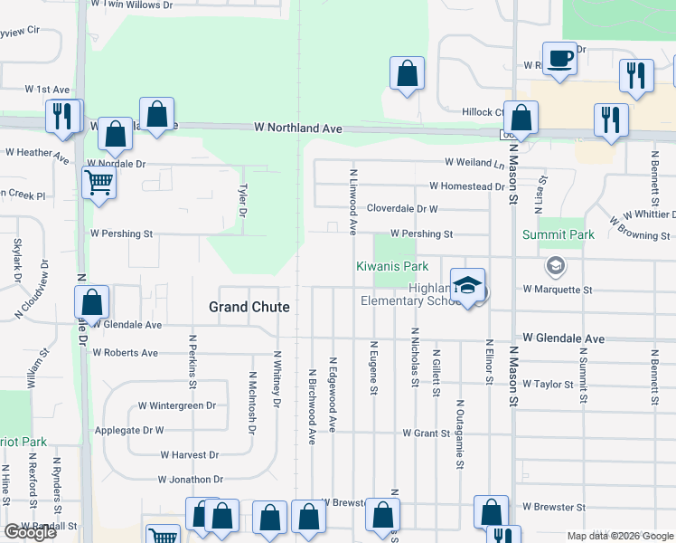map of restaurants, bars, coffee shops, grocery stores, and more near 1800 West Marquette Street in Appleton