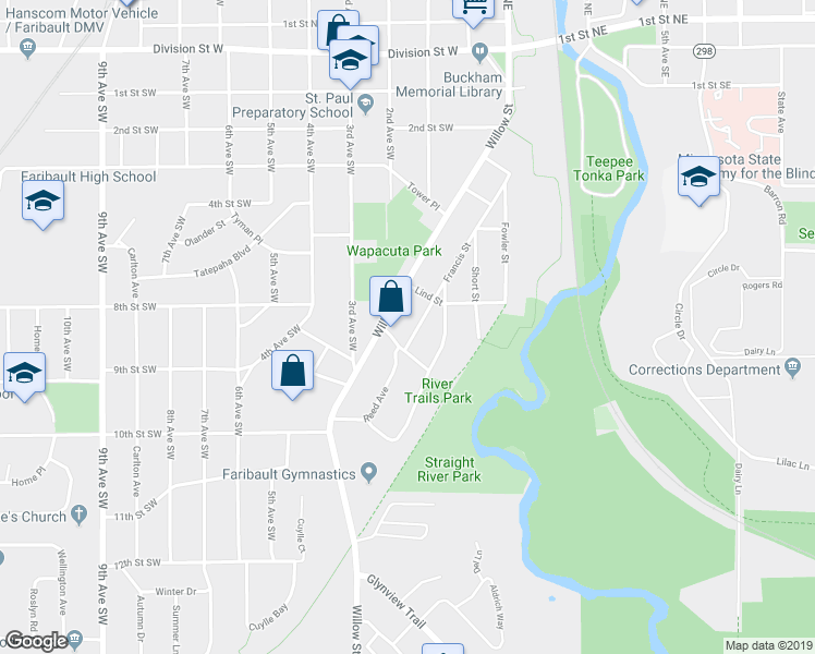 map of restaurants, bars, coffee shops, grocery stores, and more near 725 Francis Street in Faribault