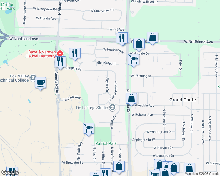 map of restaurants, bars, coffee shops, grocery stores, and more near 2242 Skylark Dr in Appleton