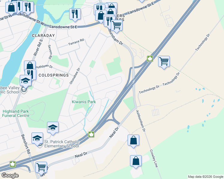 map of restaurants, bars, coffee shops, grocery stores, and more near 724 Trailview Drive in Peterborough