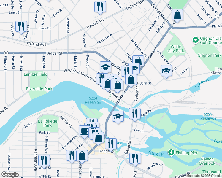 map of restaurants, bars, coffee shops, grocery stores, and more near 172 West Wisconsin Avenue in Kaukauna