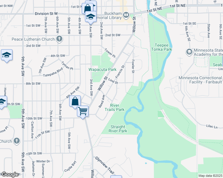 map of restaurants, bars, coffee shops, grocery stores, and more near 725 Francis Street in Faribault