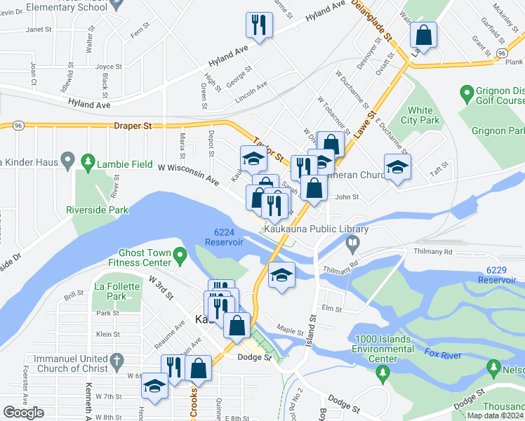 map of restaurants, bars, coffee shops, grocery stores, and more near 184 West Wisconsin Avenue in Kaukauna
