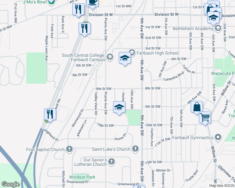 map of restaurants, bars, coffee shops, grocery stores, and more near 816 Lincoln Avenue Southwest in Faribault