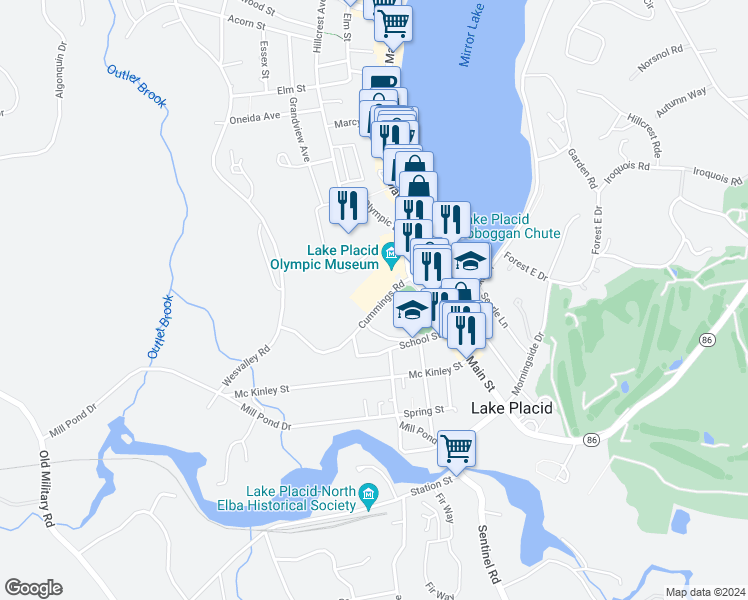 map of restaurants, bars, coffee shops, grocery stores, and more near 2634 Main Street in Lake Placid