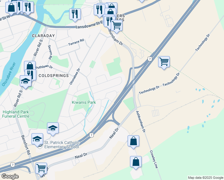 map of restaurants, bars, coffee shops, grocery stores, and more near 724 Trailview Drive in Peterborough