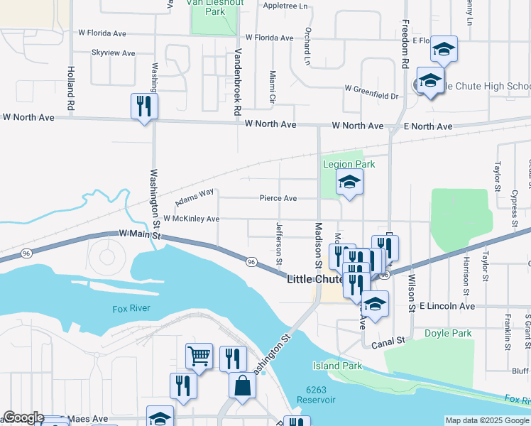 map of restaurants, bars, coffee shops, grocery stores, and more near 522 West McKinley Avenue in Little Chute