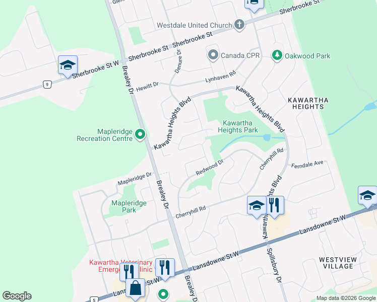 map of restaurants, bars, coffee shops, grocery stores, and more near 2141 Springwood Road in Peterborough