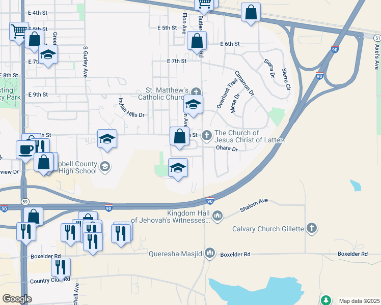 map of restaurants, bars, coffee shops, grocery stores, and more near 1401 Apple Blossom Way in Gillette