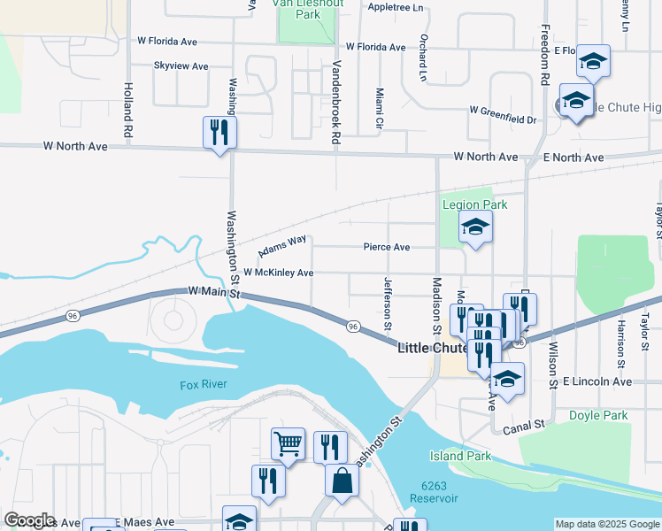 map of restaurants, bars, coffee shops, grocery stores, and more near 700 West McKinley Avenue in Little Chute