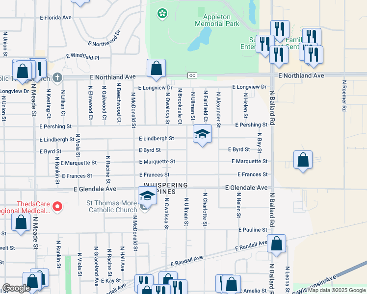 map of restaurants, bars, coffee shops, grocery stores, and more near 1406 East Byrd Street in Appleton