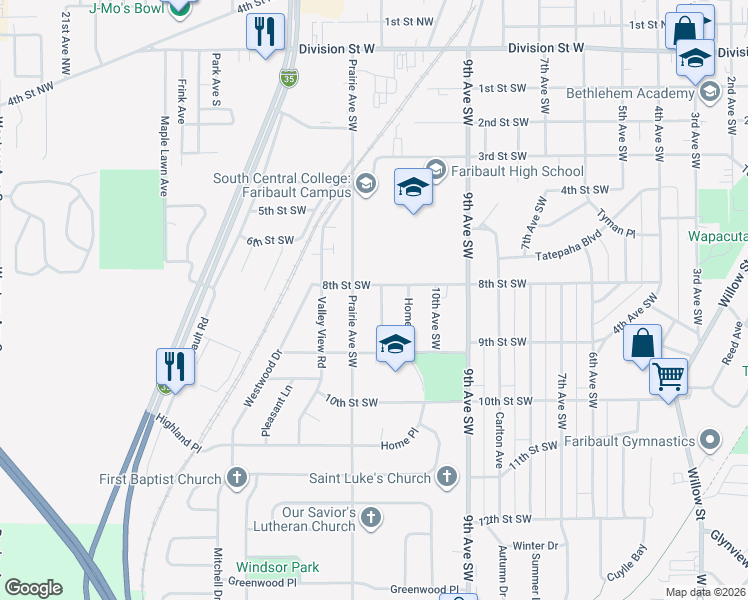 map of restaurants, bars, coffee shops, grocery stores, and more near 816 Lincoln Avenue Southwest in Faribault