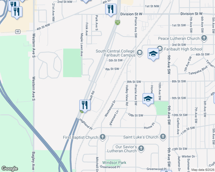 map of restaurants, bars, coffee shops, grocery stores, and more near 800 Conliffe Avenue Southwest in Faribault