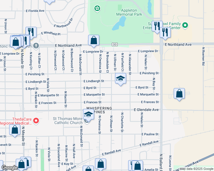 map of restaurants, bars, coffee shops, grocery stores, and more near 1406 East Byrd Street in Appleton