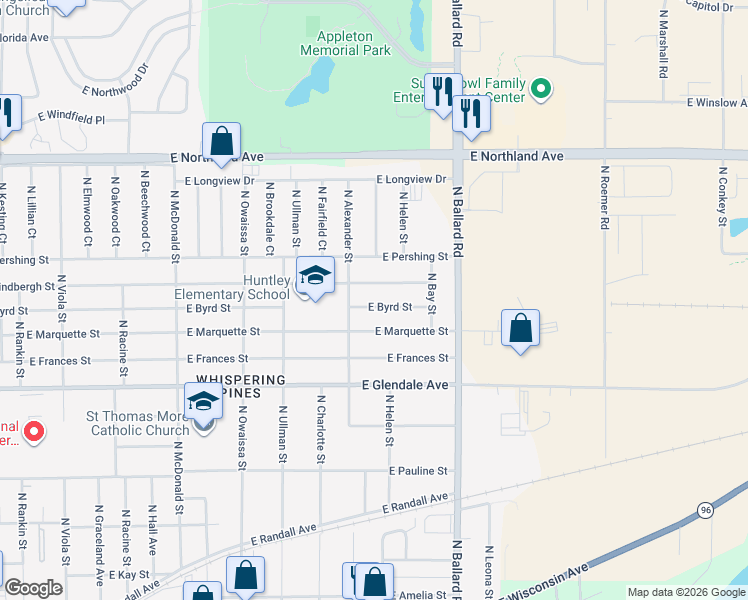 map of restaurants, bars, coffee shops, grocery stores, and more near 1700 East Byrd Street in Appleton