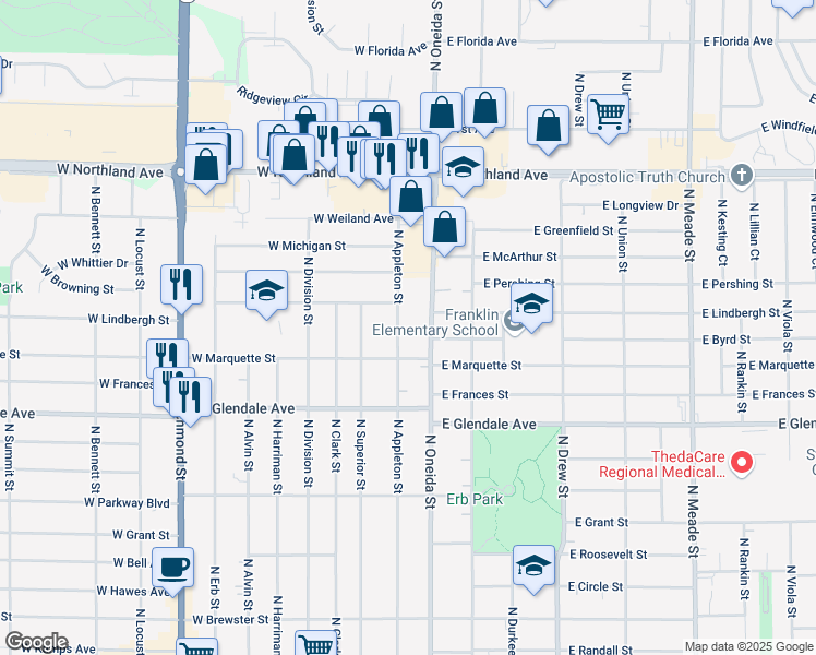 map of restaurants, bars, coffee shops, grocery stores, and more near 2308 North Appleton Street in Appleton