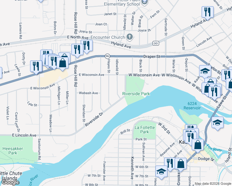 map of restaurants, bars, coffee shops, grocery stores, and more near 111 Idlewild Street in Kaukauna