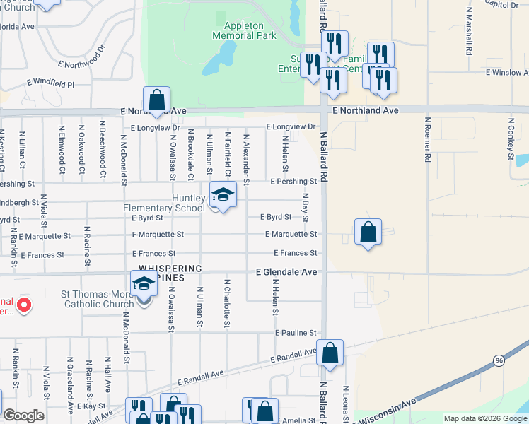 map of restaurants, bars, coffee shops, grocery stores, and more near 1700 East Byrd Street in Appleton