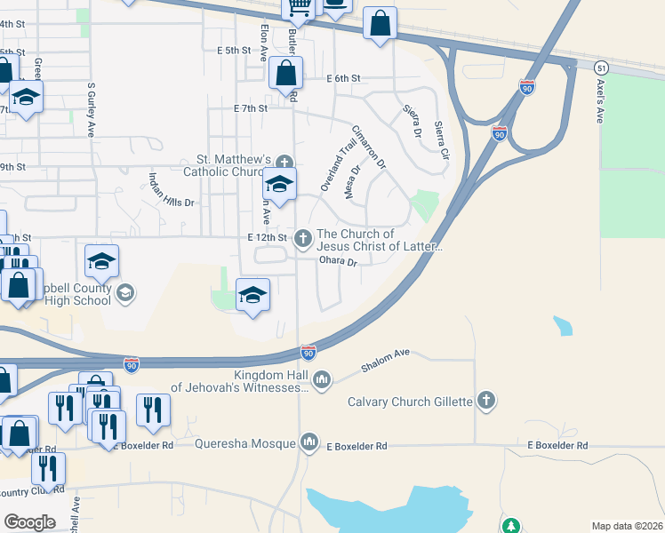 map of restaurants, bars, coffee shops, grocery stores, and more near 1302 Ohenry Drive in Gillette