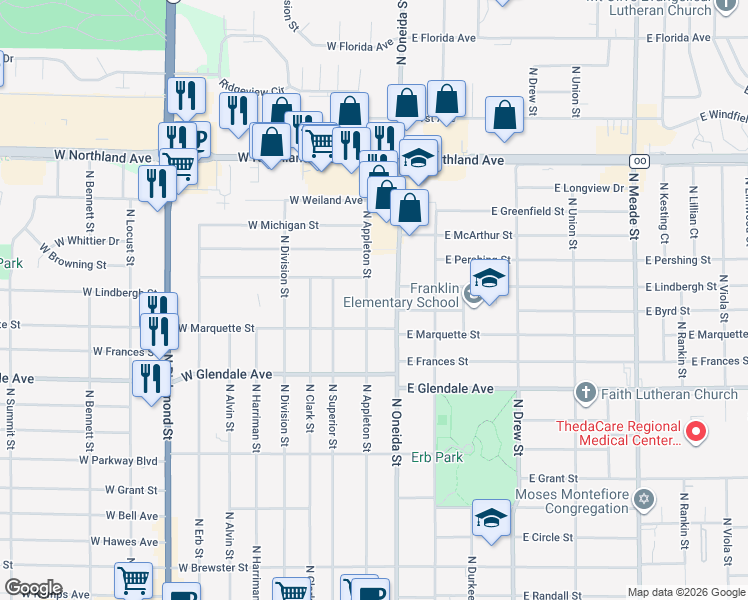 map of restaurants, bars, coffee shops, grocery stores, and more near 2308 North Appleton Street in Appleton