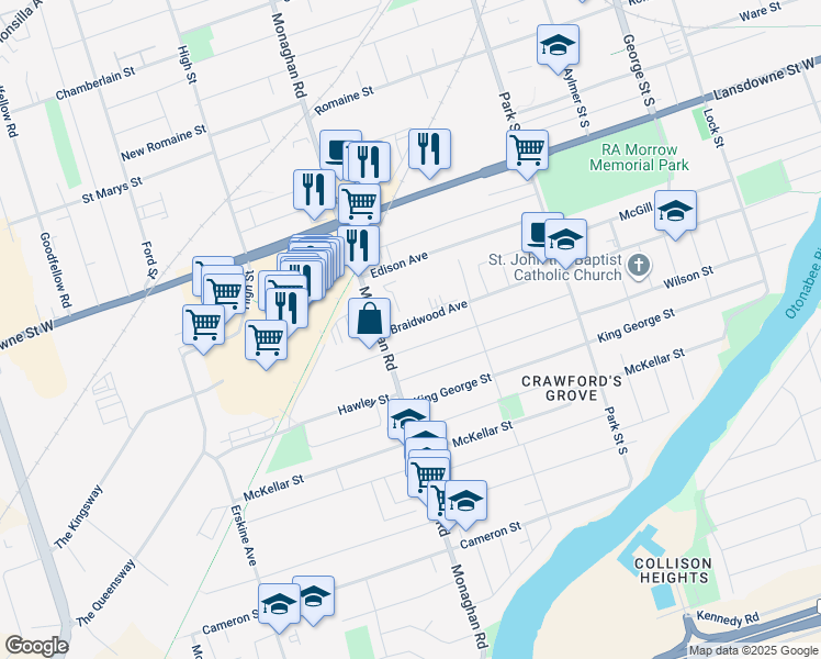 map of restaurants, bars, coffee shops, grocery stores, and more near 571 Braidwood Avenue in Peterborough