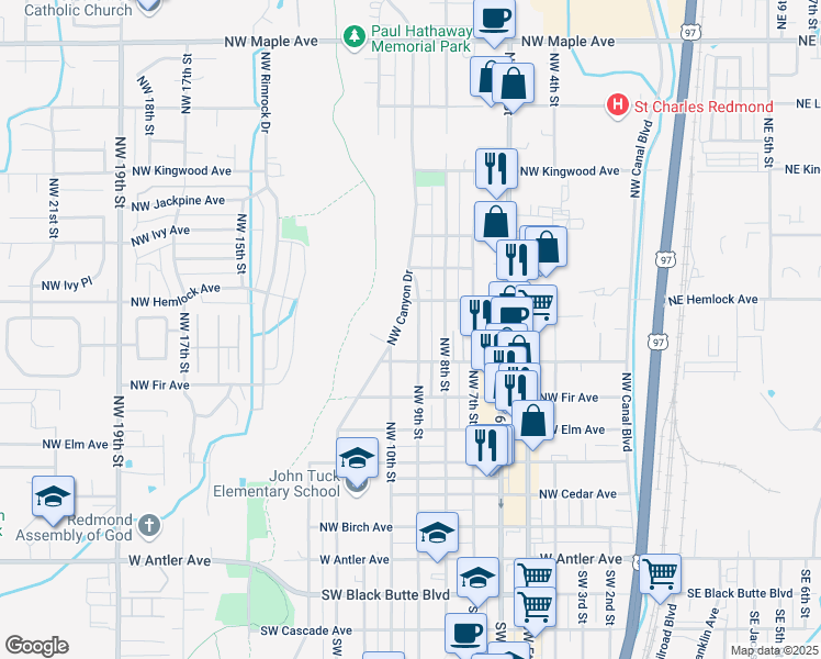 map of restaurants, bars, coffee shops, grocery stores, and more near 765 Northwest 9th Street in Redmond