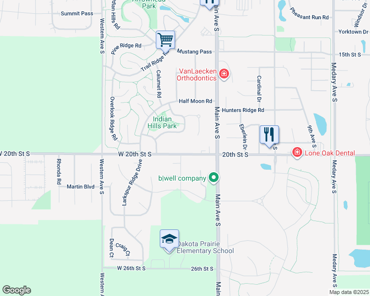 map of restaurants, bars, coffee shops, grocery stores, and more near 215 20th Street South in Brookings