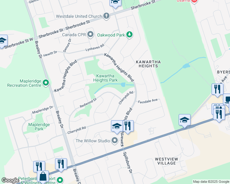 map of restaurants, bars, coffee shops, grocery stores, and more near 1542 Redwood Drive in Peterborough
