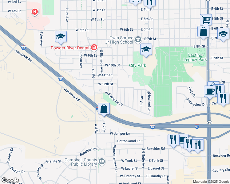 map of restaurants, bars, coffee shops, grocery stores, and more near 1208 Wagonhammer Lane in Gillette