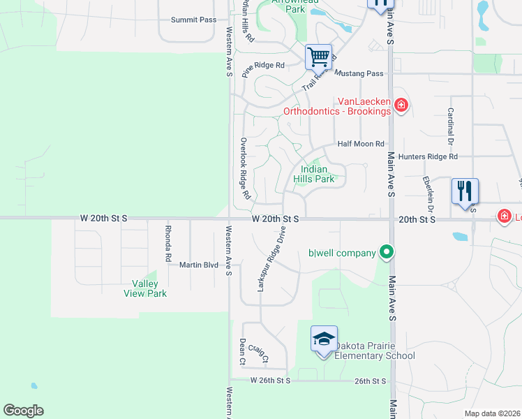map of restaurants, bars, coffee shops, grocery stores, and more near Indian Hills Trail in Brookings